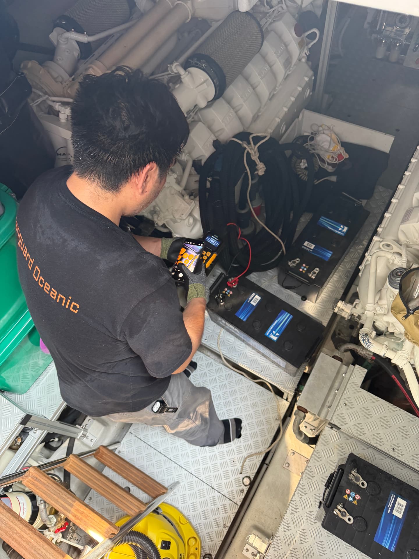 VO Marine engineer testing vessel batteries and DC distribution