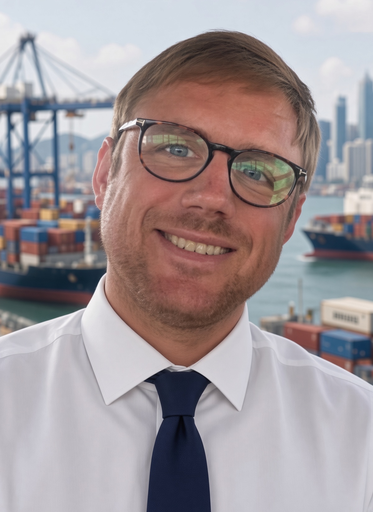 Hugh Roberts, Surveyor at Vanguard Oceanic, with Hong Kong harbour behind